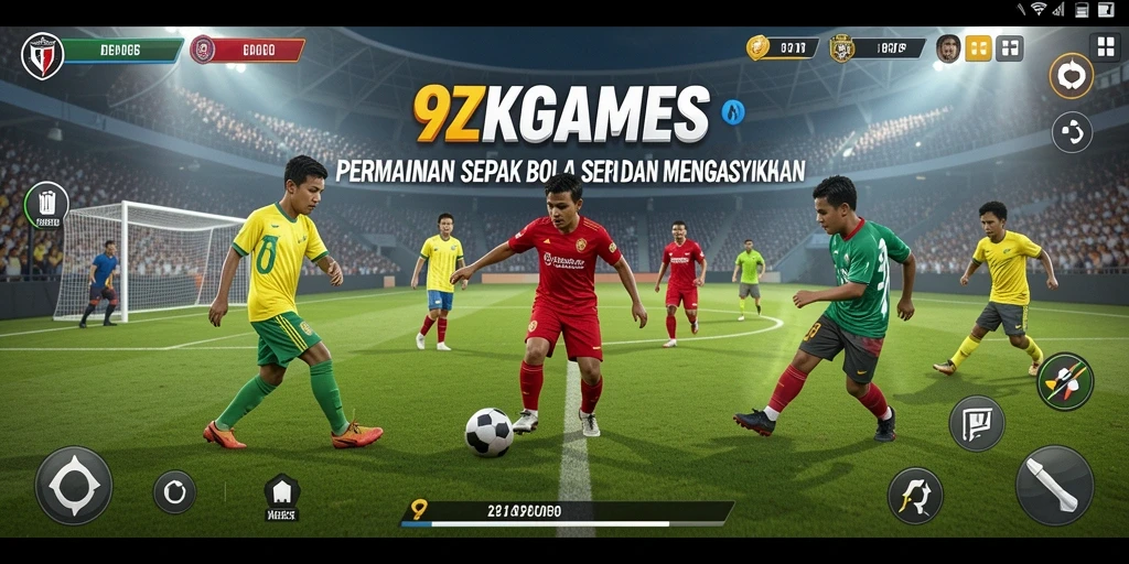 Screenshot utama gameplay 9ZKGAMES yang menampilkan pertandingan sepak bola yang seru.