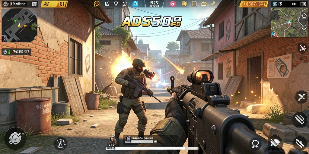 Screenshot utama menunjukan aksi intens di game FPS.