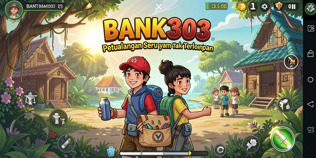 Screenshot utama BANK303 menampilkan karakter utama menjelajahi hutan yang misterius.