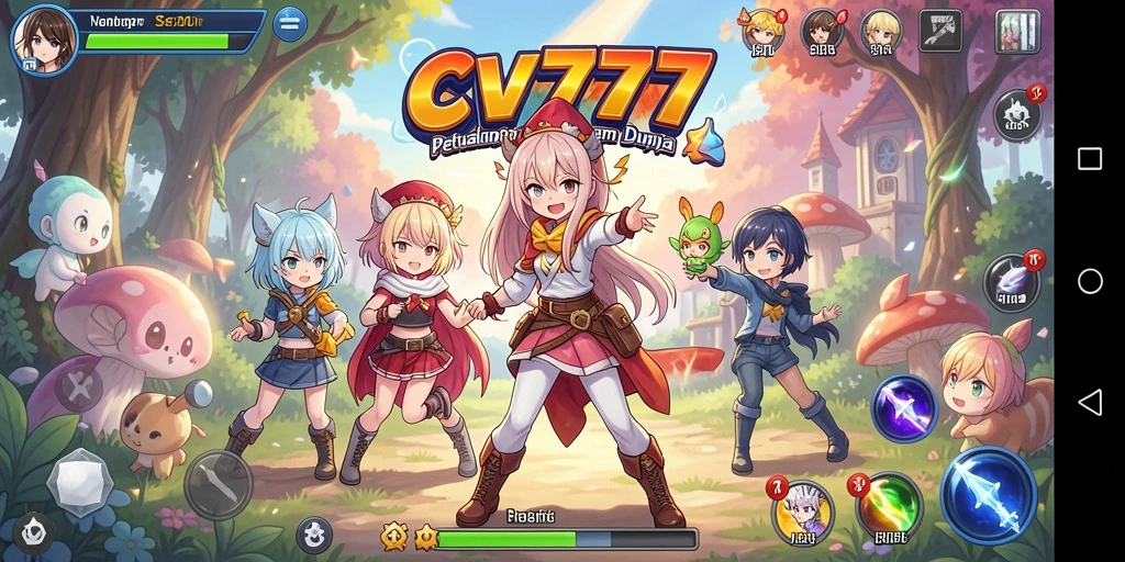 Tangkapan layar dari gameplay CV777 yang menampilkan karakter anime dalam pertempuran.