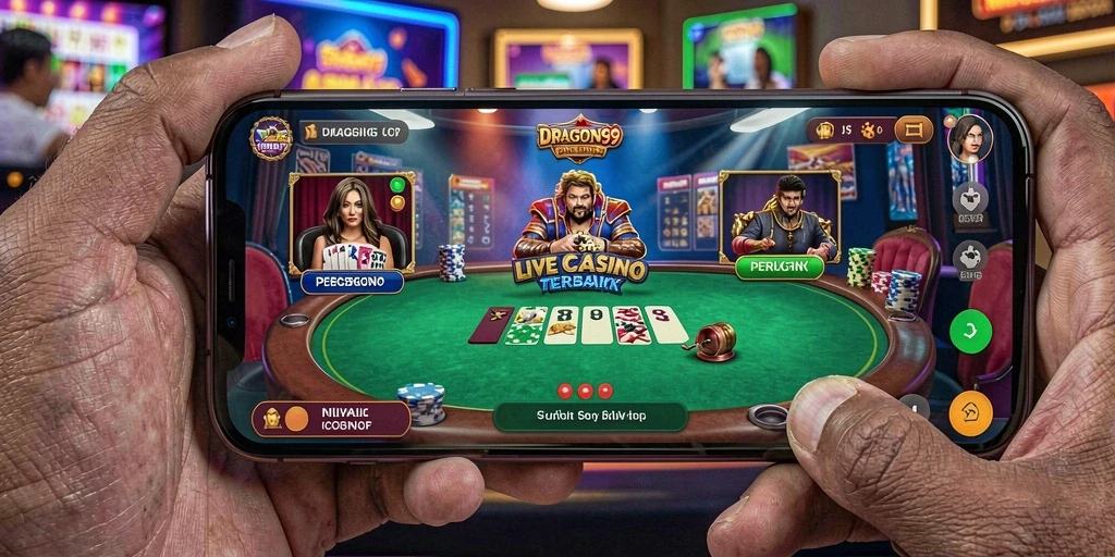 Screenshot gameplay Live Casino DRAGON99 menunjukkan dealer profesional dan suasana kasino yang nyata.