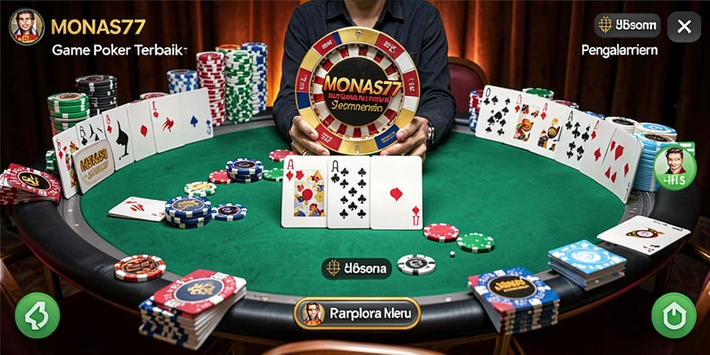 Tampilan menarik dari gameplay poker yang mendebarkan di MONAS77.