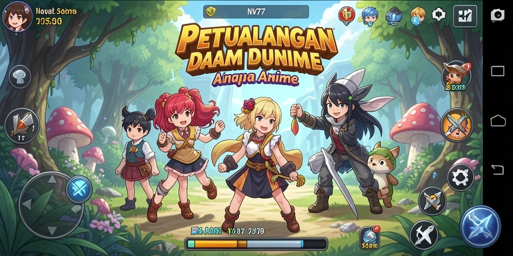 Tampilan gameplay NV77 dengan karakter anime yang dinamis dan menarik.