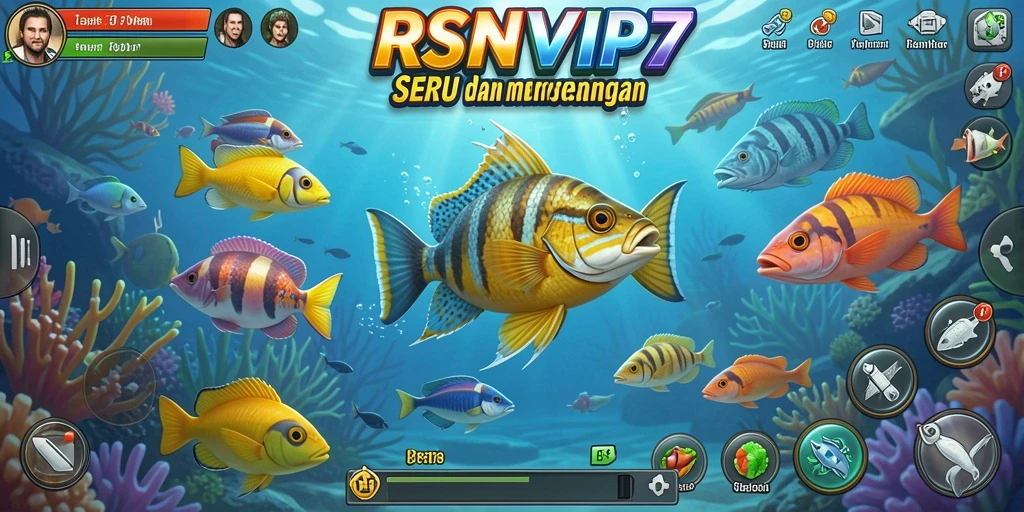 Tampilan gameplay RSNVIP7 dengan aksi menembak ikan yang beragam.
