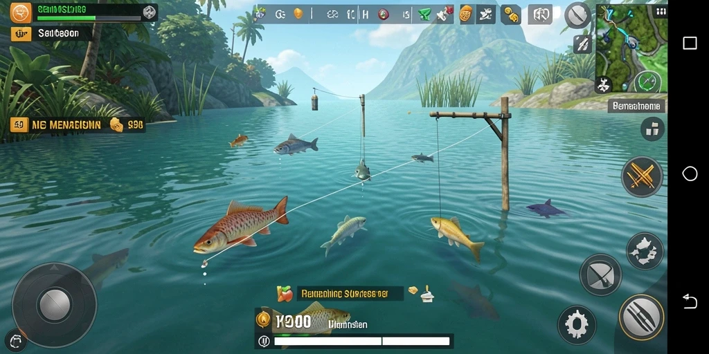 Screenshot permainan S80 menunjukkan keseruan dan keindahan saat memancing di alam.